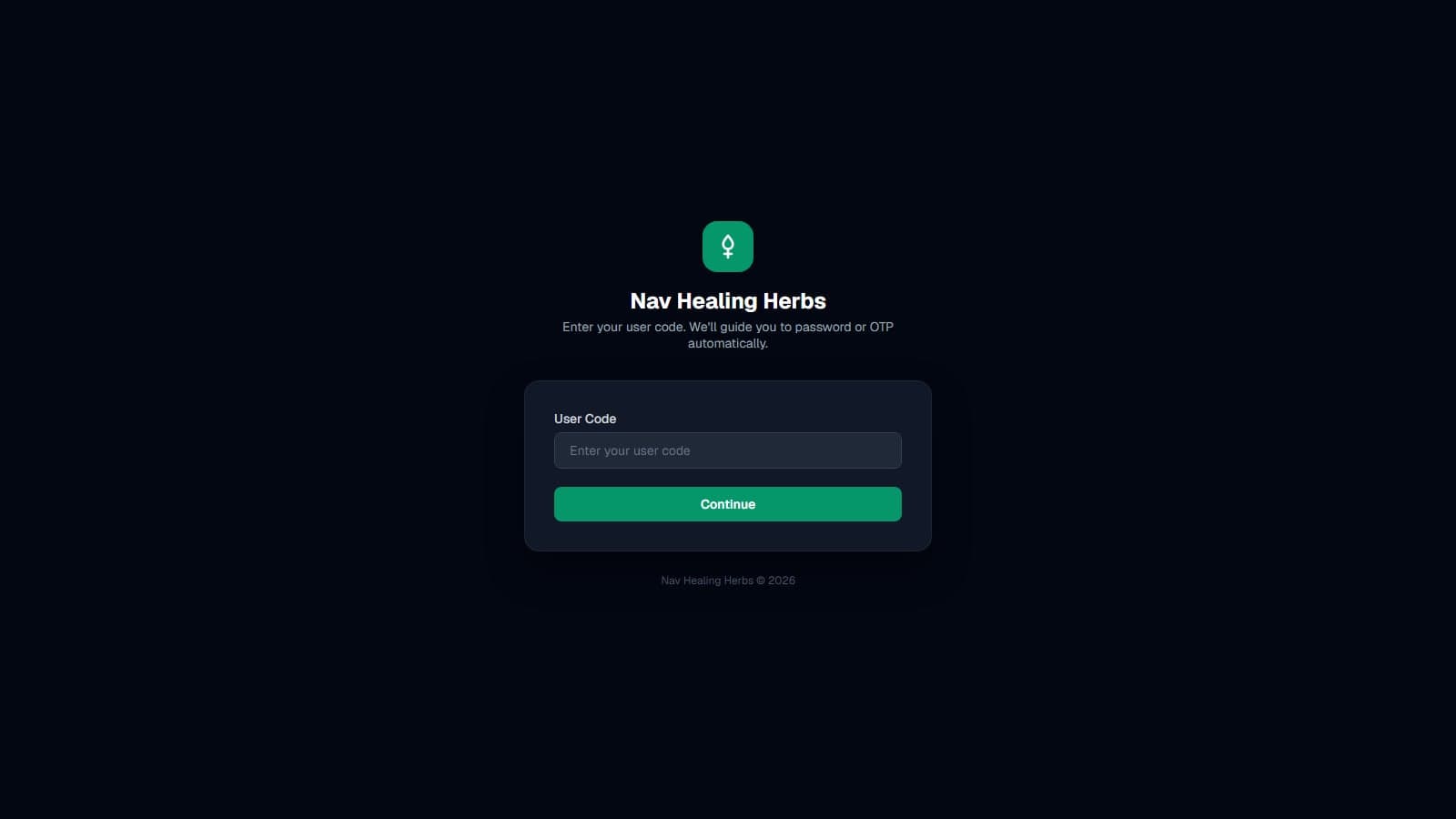 Nav Healing Herbs admin sign-in: enter your user code, then a password or one-time code