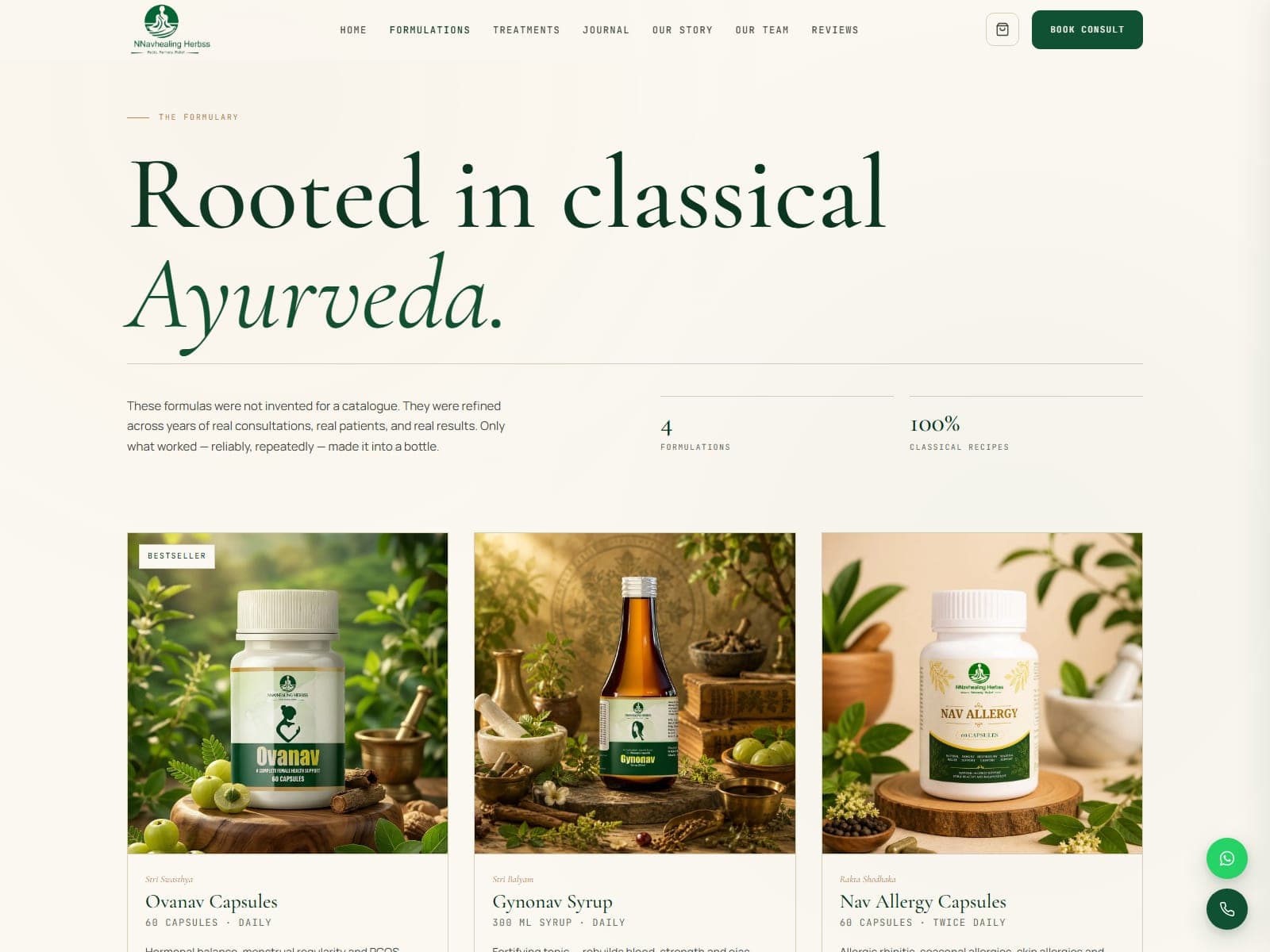 The Nav Healing Herbs formulary: product cards for Ovanav capsules, Gynonav syrup and Nav Allergy capsules